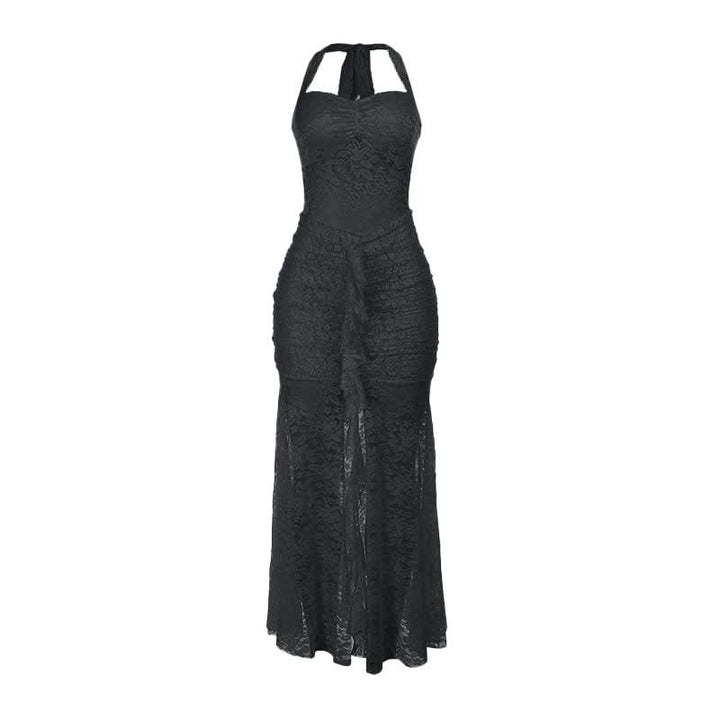 Lace ruched self tie halter v neck maxi dress  | Festival Outfits Women