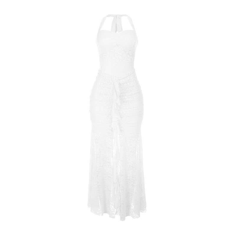Lace ruched self tie halter v neck maxi dress  | Festival Outfits Women