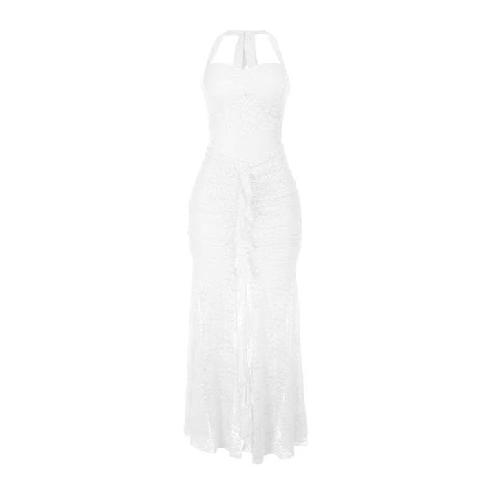 Lace ruched self tie halter v neck maxi dress  | Festival Outfits Women