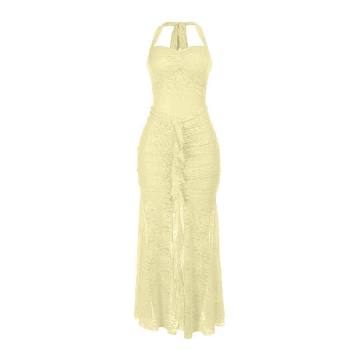 Lace ruched self tie halter v neck maxi dress  | Festival Outfits Women