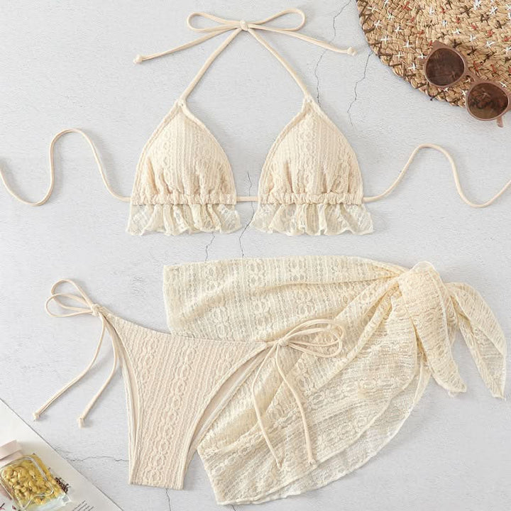 Lace halter self tie v neck 3 piece swimwear