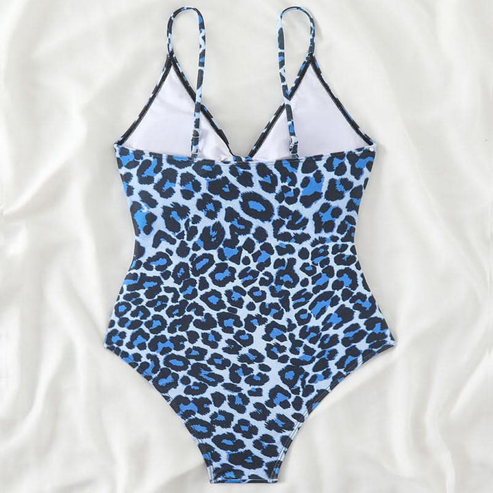 Hollow out v neck leopard print one piece swimwear