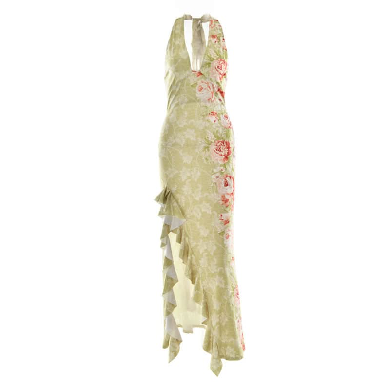 Slit ruffle flower print halter ruched mini dress  | Festival Outfits Women