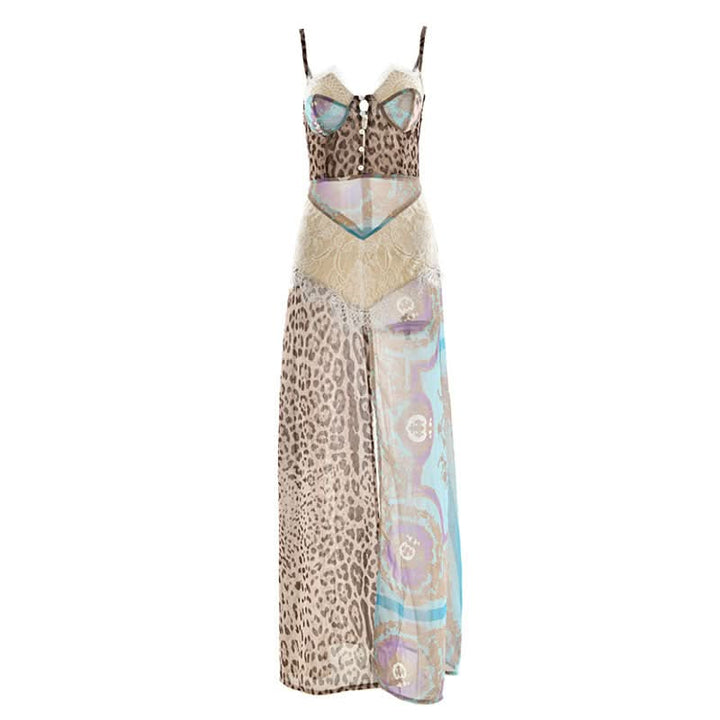 Zip-up slit button lace chiffon cami maxi dress  | Festival Outfits Women