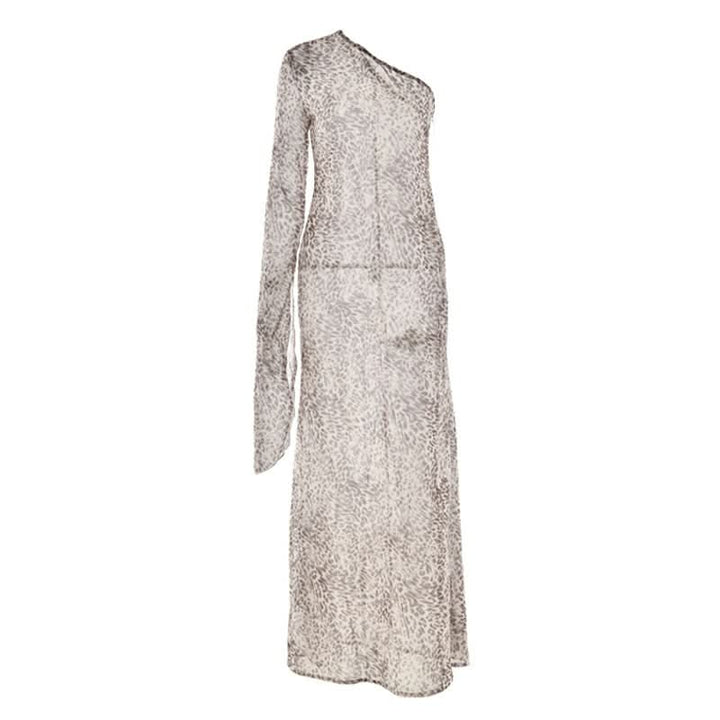 Leopard print long sleeve one shoulder chiffon maxi dress  | Festival Outfits Women