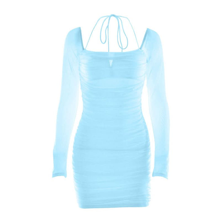 Long sleeve ruched mesh halter self tie mini dress  | Festival Outfits Women
