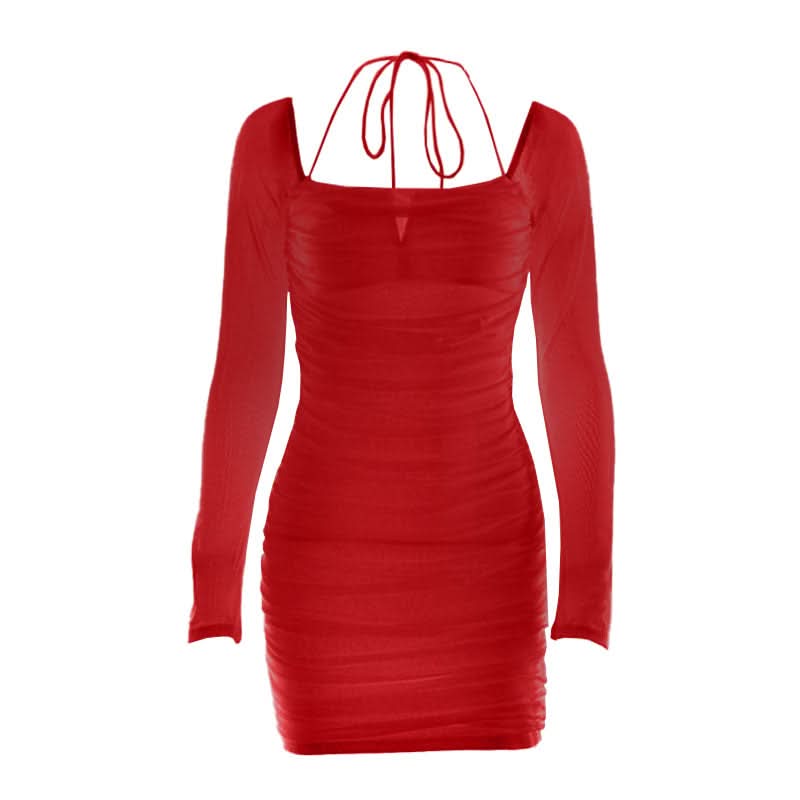 Long sleeve ruched mesh halter self tie mini dress  | Festival Outfits Women
