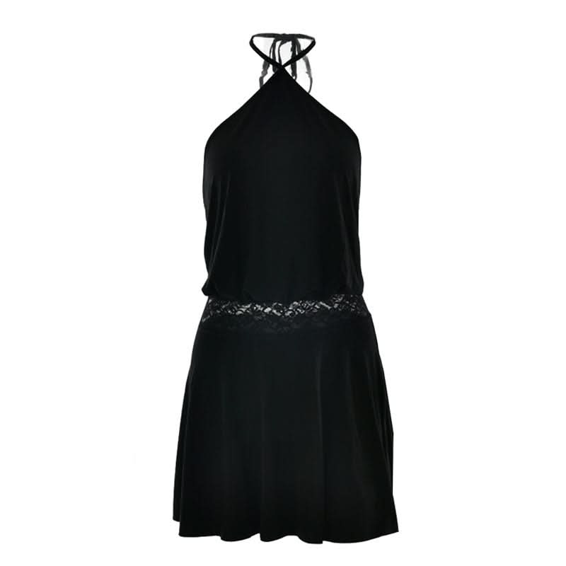 Halter self tie lace patchwork solid mini dress  | Festival Outfits Women