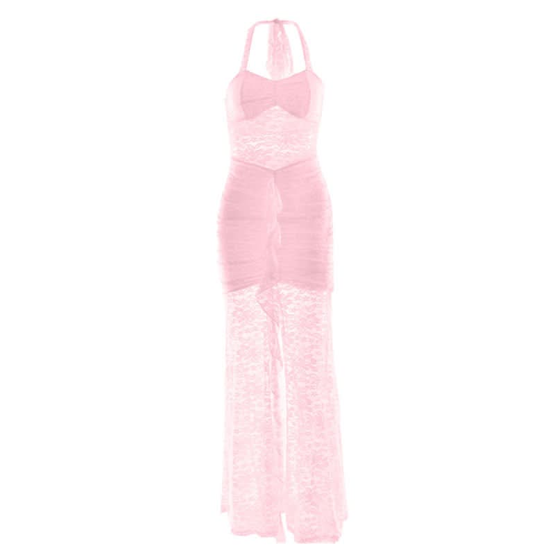 Halter self tie ruched lace v neck maxi dress  | Festival Outfits Women