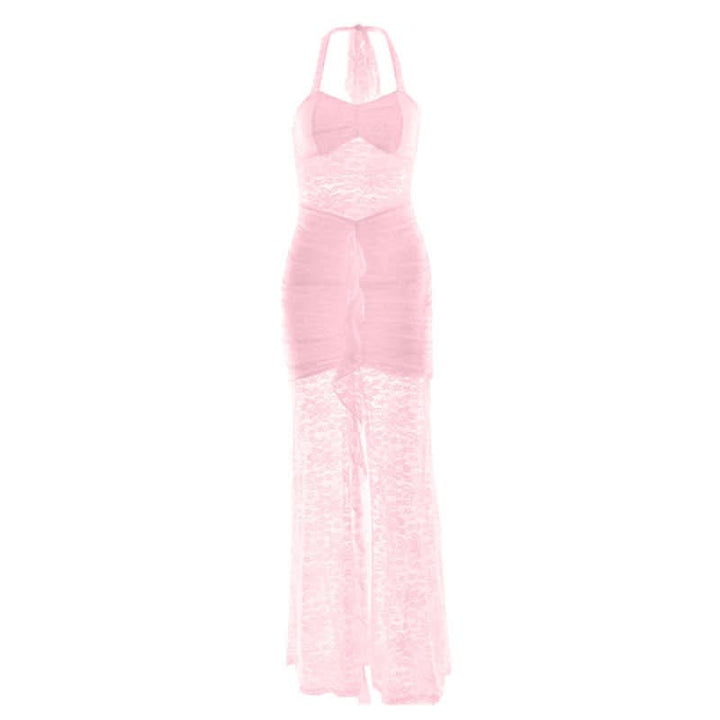 Halter self tie ruched lace v neck maxi dress  | Festival Outfits Women