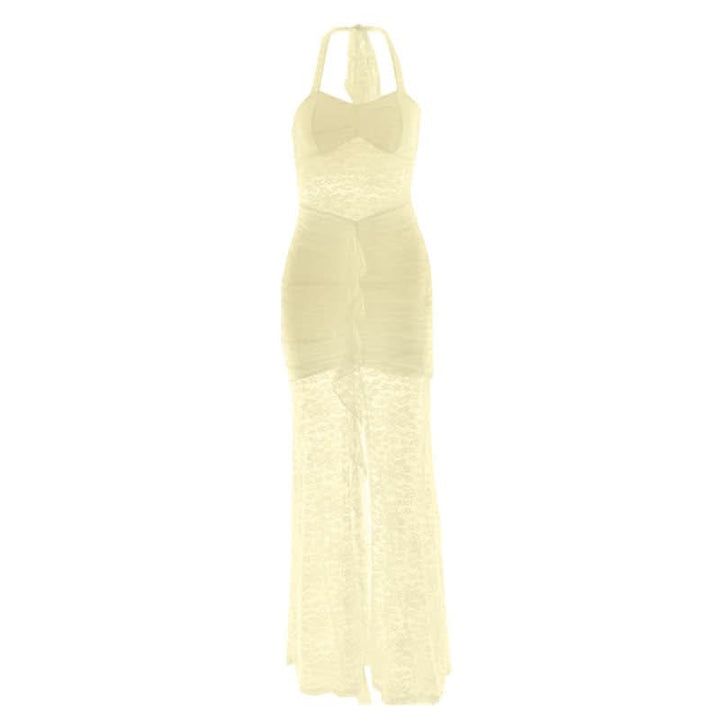 Halter self tie ruched lace v neck maxi dress  | Festival Outfits Women