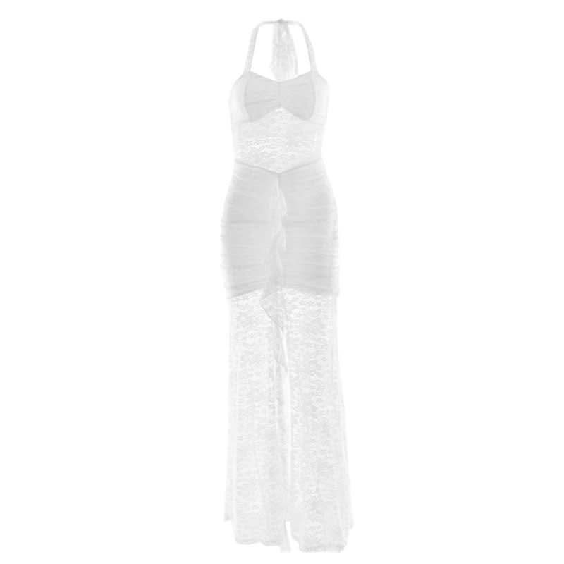 Halter self tie ruched lace v neck maxi dress  | Festival Outfits Women