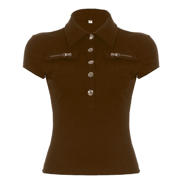 Turnover collar short sleeve button top  | Festival Outfits Women-final-sale