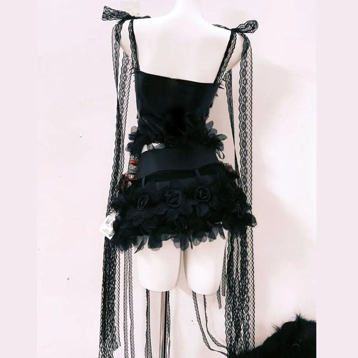 Lace hem self tie flower applique hollow out cut out top  | Festival Outfits Women