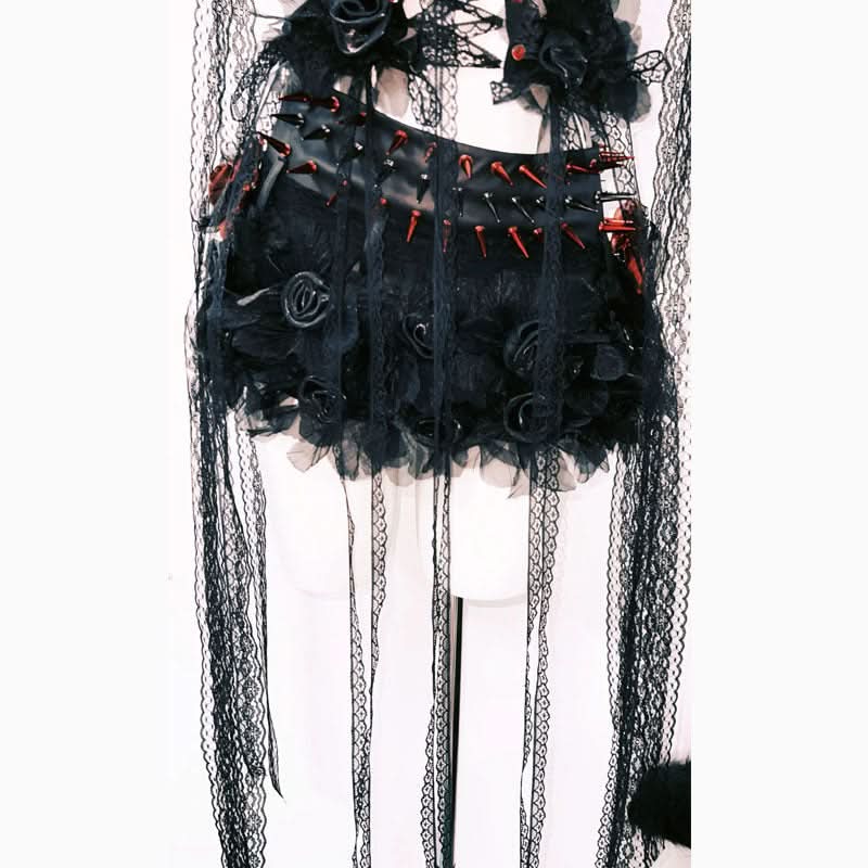 Lace hem self tie flower applique hollow out cut out top  | Festival Outfits Women
