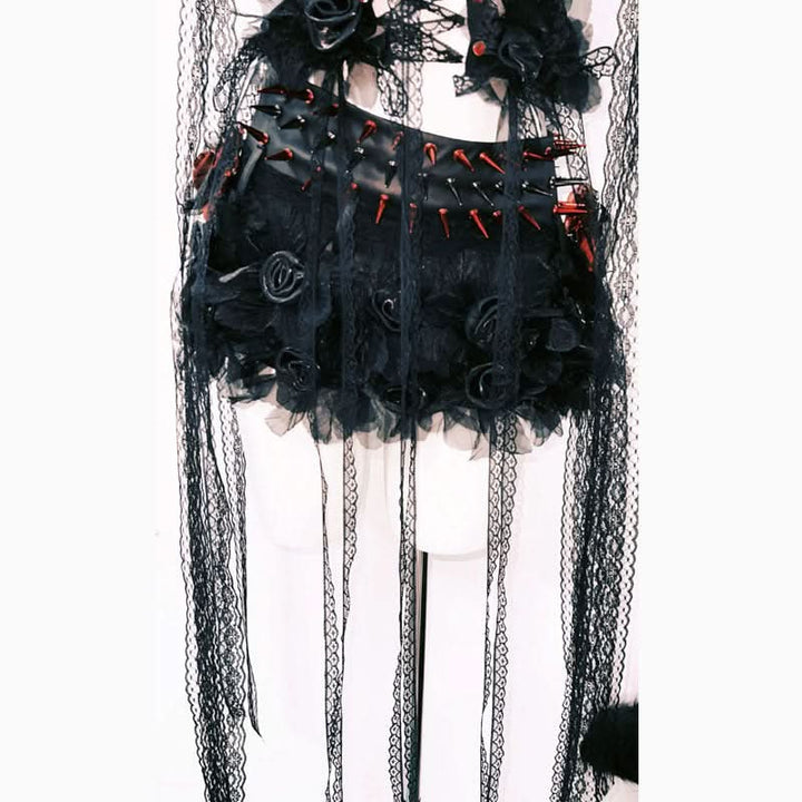 Lace hem self tie flower applique hollow out cut out top  | Festival Outfits Women