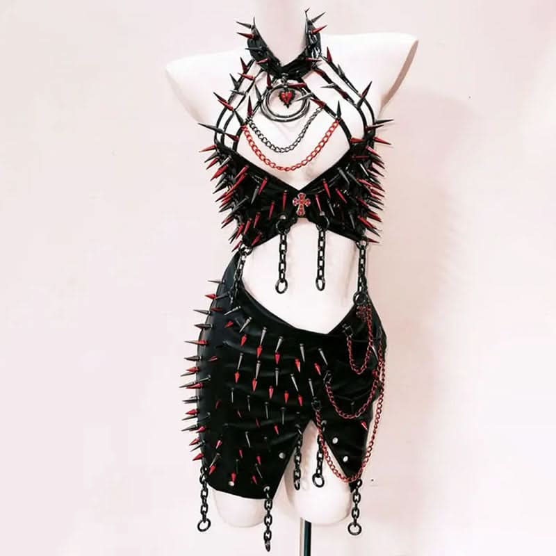 Metal chain hollow out halter slit mini skirt set  | Festival Outfits Women