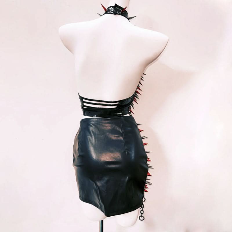 Metal chain hollow out halter slit mini skirt set  | Festival Outfits Women