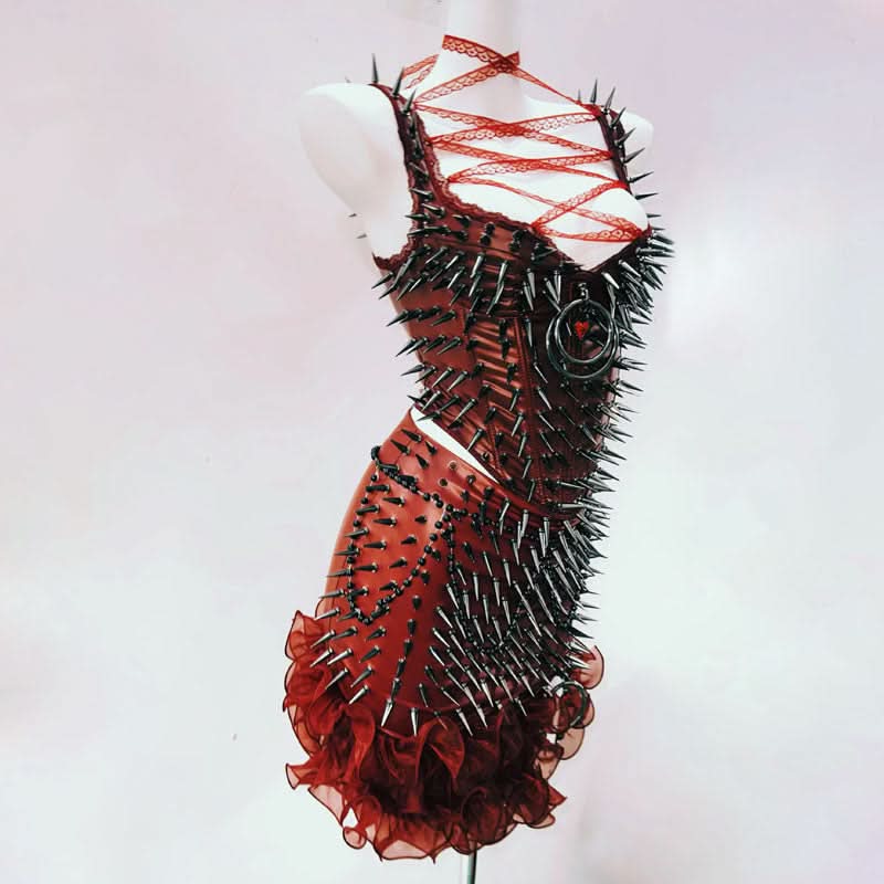 Halter o ring rivet applique ruffle PU leather top  | Festival Outfits Women