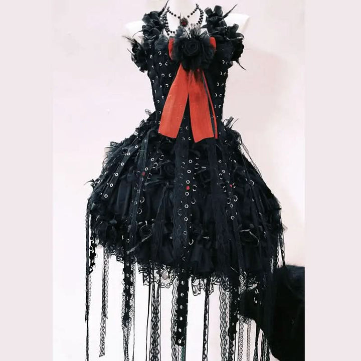 Lace up flower applique ruched lace hem mini skirt set  | Festival Outfits Women