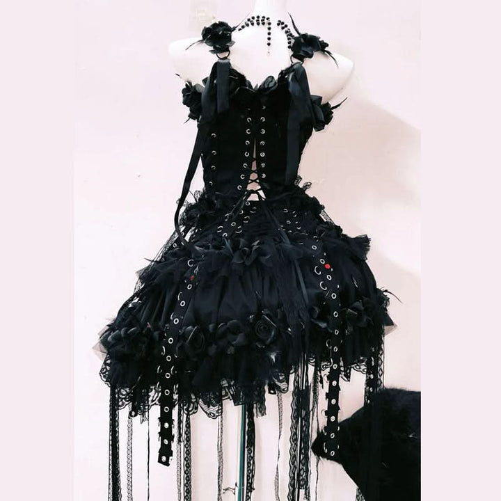 Lace up flower applique ruched lace hem mini skirt set  | Festival Outfits Women