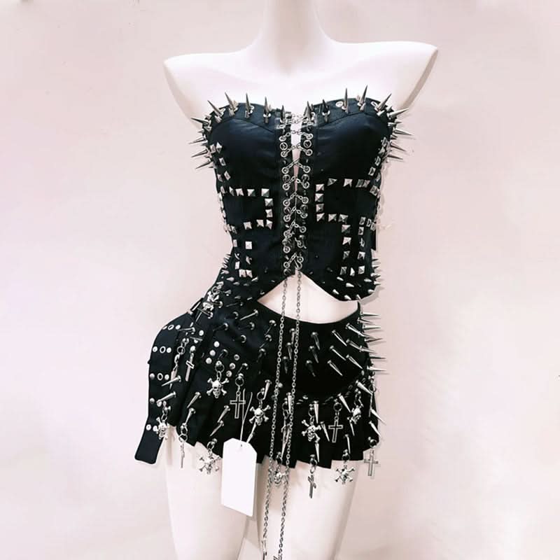 Metal chain lace up rivet applique tube top  | Festival Outfits Women