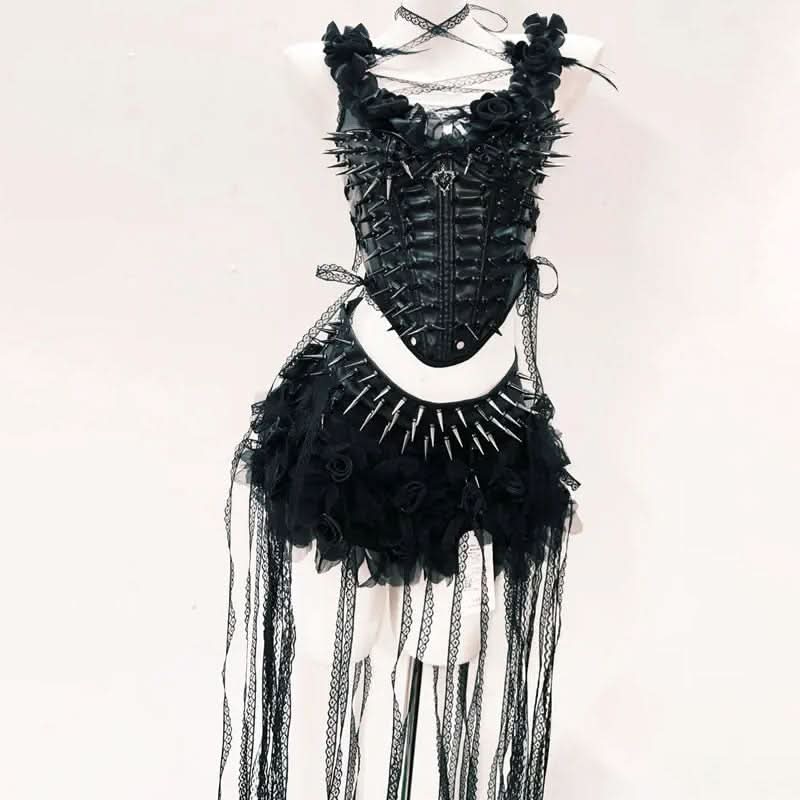 Self tie rivet applique PU leather corset top  | Festival Outfits Women