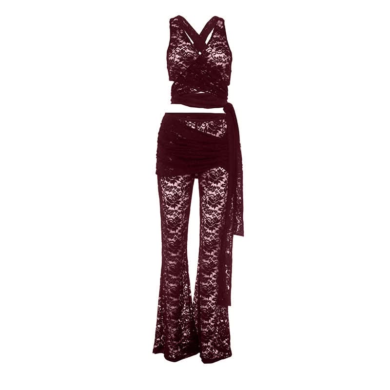 V neck lace knotted cross back pant set  | Festival Outfits Women