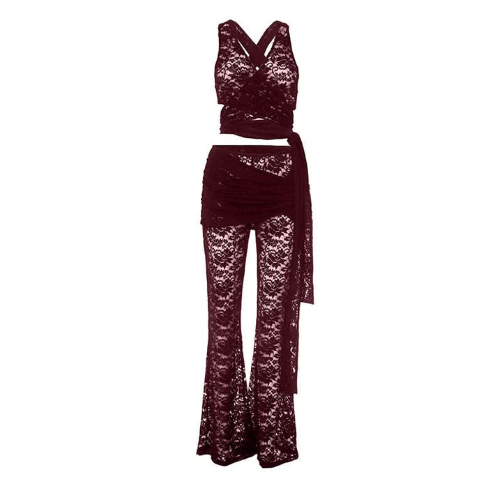 V neck lace knotted cross back pant set  | Festival Outfits Women