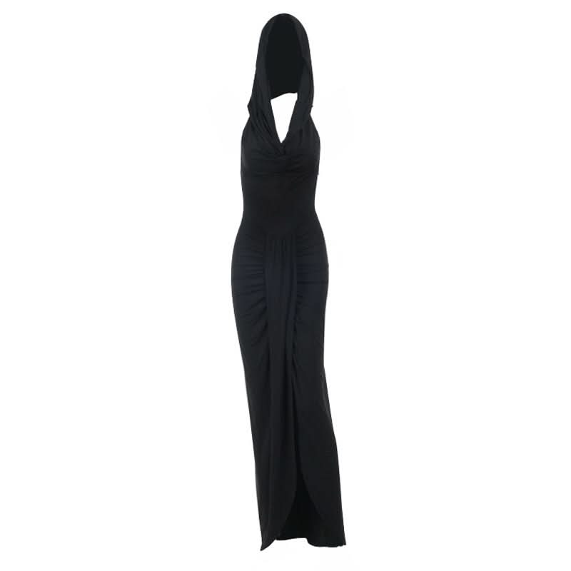 Hoodie ruched slit cowl neck solid maxi dress  | Festival Outfits Women