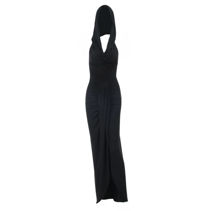 Hoodie ruched slit cowl neck solid maxi dress  | Festival Outfits Women