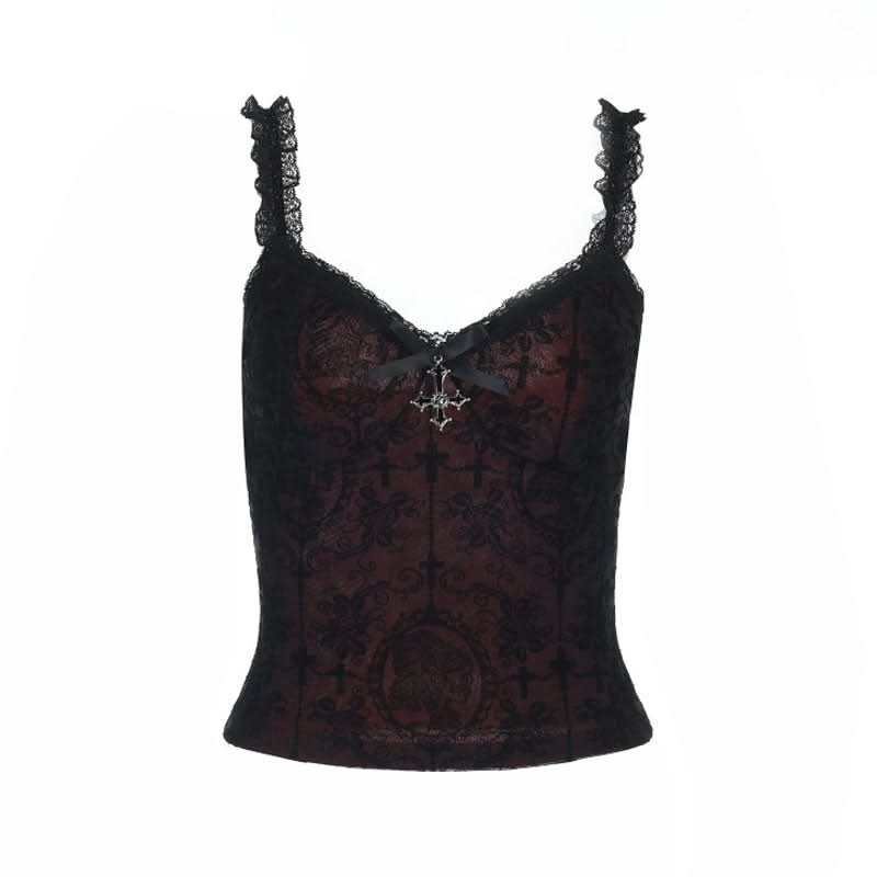Lace hem v neck bowknot print cami top  | Festival Outfits Women