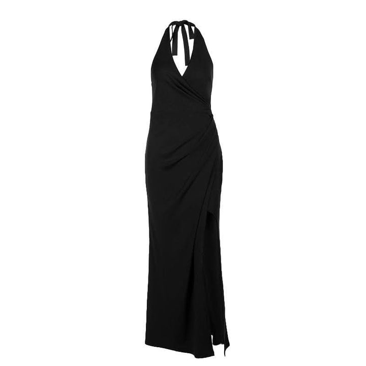 V neck halter self tie slit ruched maxi dress  | Festival Outfits Women