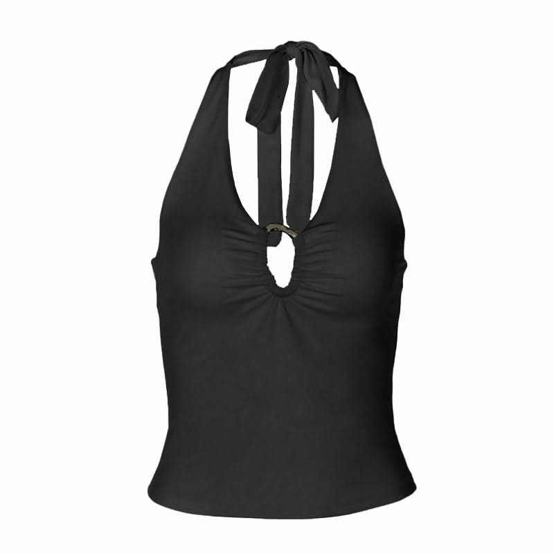 Hollow out ruched halter self tie backless cut out top  | Festival Outfits Women