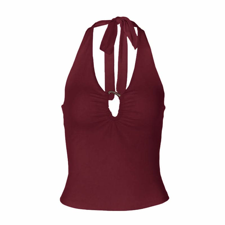 Hollow out ruched halter self tie backless cut out top  | Festival Outfits Women