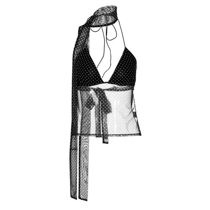 Polka dot v neck halter self tie mesh top  | Festival Outfits Women-final-sale