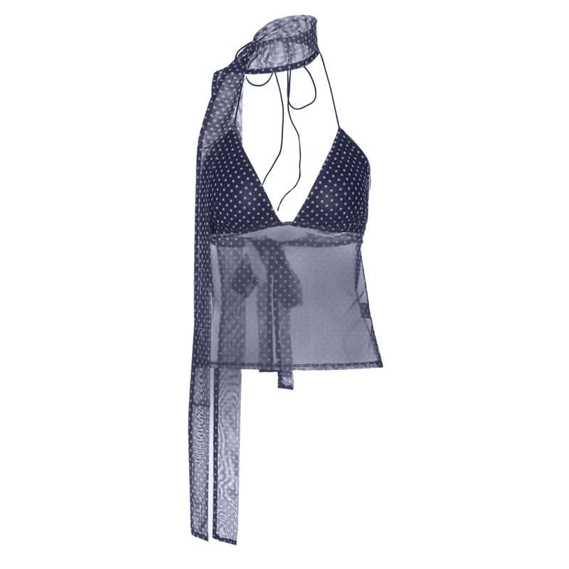 Polka dot v neck halter self tie mesh top  | Festival Outfits Women-final-sale