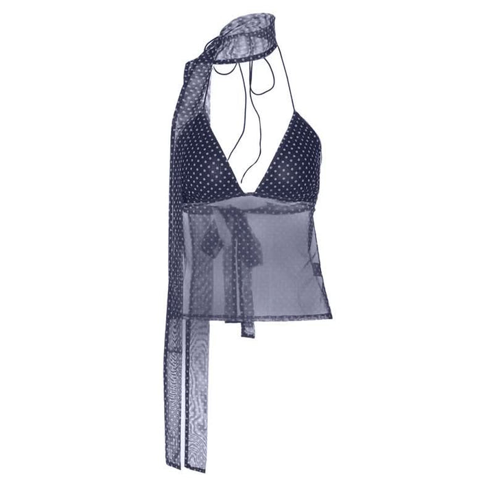 Polka dot v neck halter self tie mesh top  | Festival Outfits Women-final-sale
