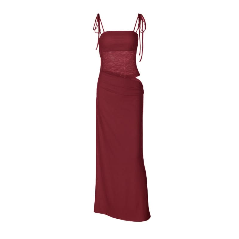 Square neck lace hollow out zip-up cami cut out maxi dress