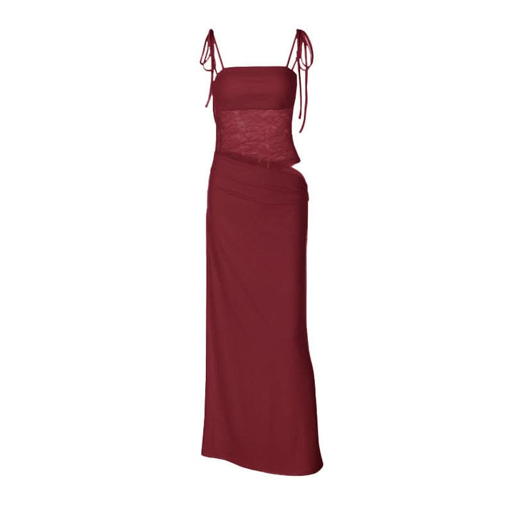 Square neck lace hollow out zip-up cami cut out maxi dress  | Festival Outfits Women