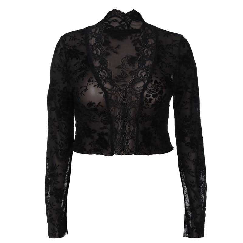 Long sleeve lace V neck see through button top  | Festival Outfits Women