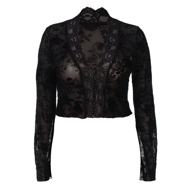 Long sleeve lace V neck see through button top  | Festival Outfits Women