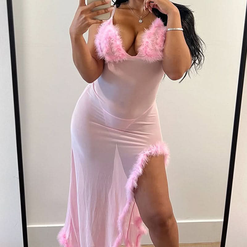 Fluffy v neck slit mesh irregular cami midi dress  | Festival Outfits Women-final-sale