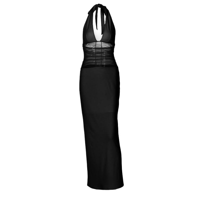 Halter self tie v neck ruched mesh maxi dress  | Festival Outfits Women