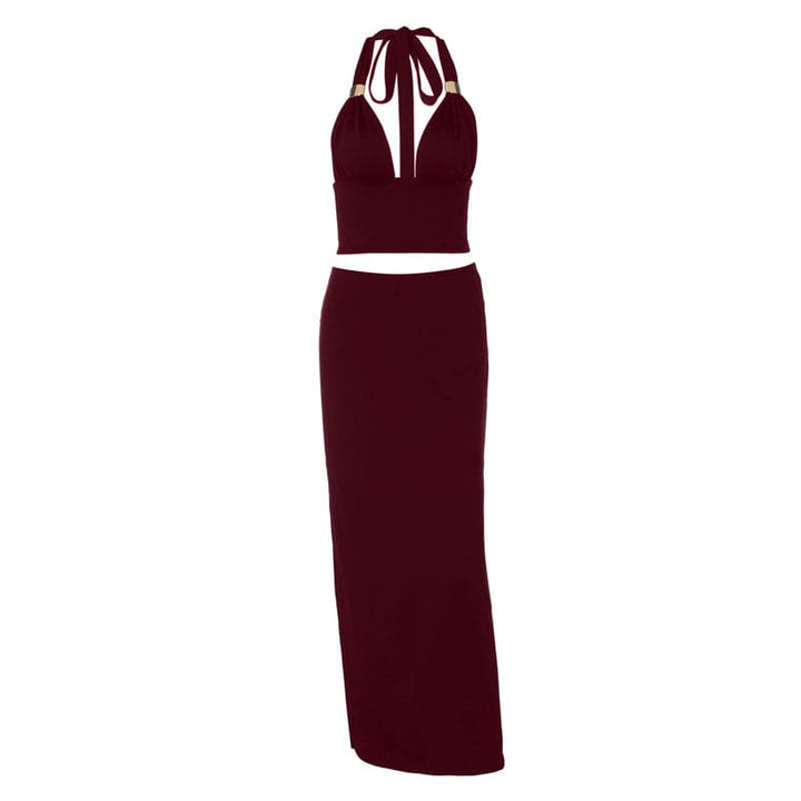 Ruched halter self tie v neck maxi skirt set  | Festival Outfits Women