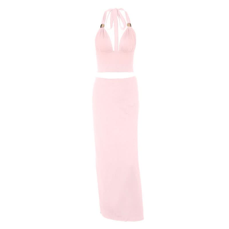 Ruched halter self tie v neck maxi skirt set  | Festival Outfits Women