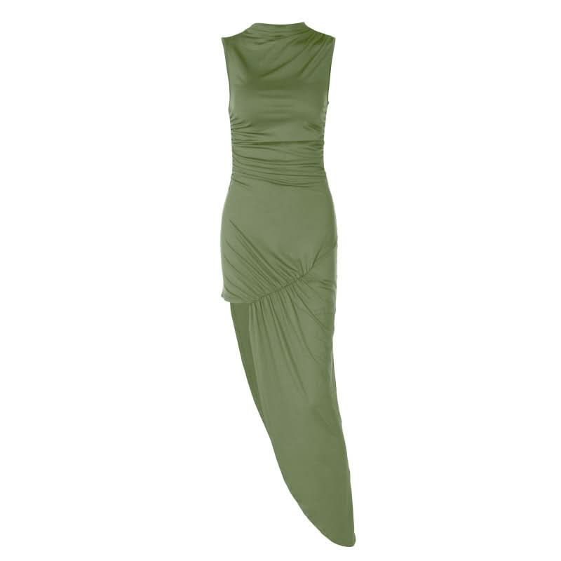 Irregular ruched zip-up crewneck slit midi dress  | Festival Outfits Women-final-sale