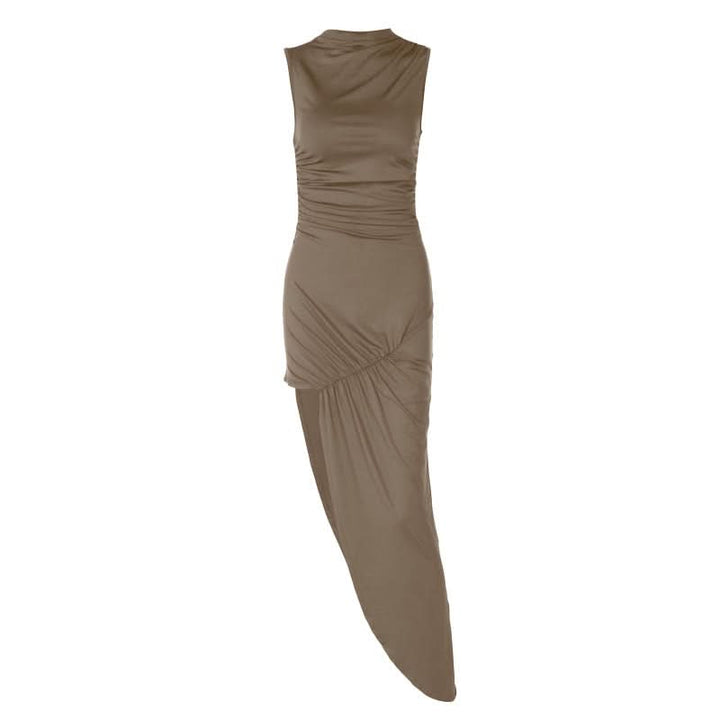 Irregular ruched zip-up crewneck slit midi dress  | Festival Outfits Women-final-sale