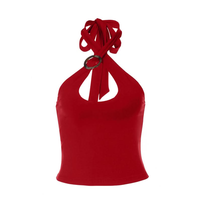Hollow out halter self tie solid backless cut out top  | Festival Outfits Women