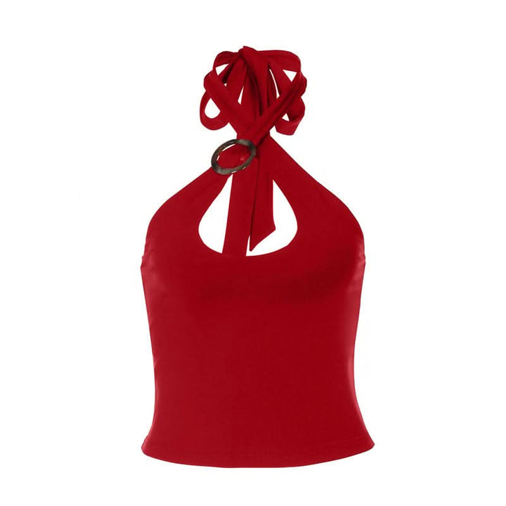 Hollow out halter self tie solid backless cut out top  | Festival Outfits Women